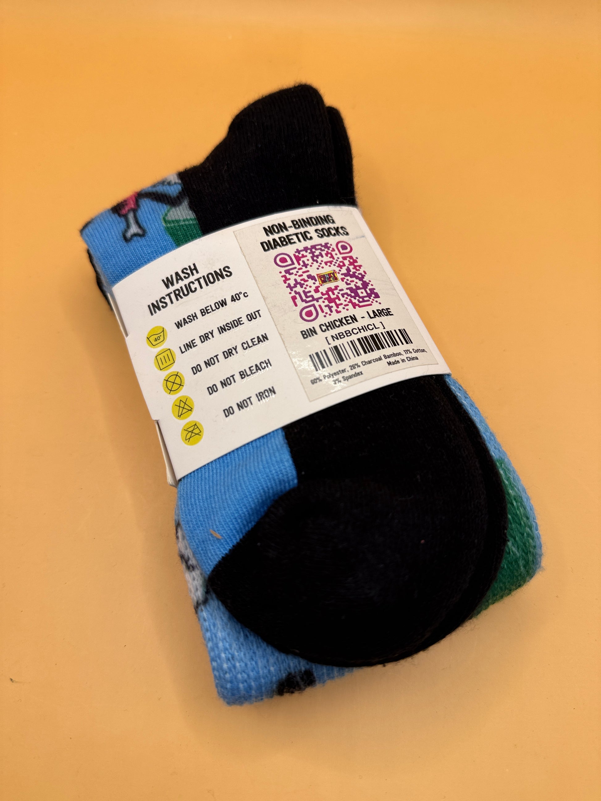 Funky Sock Co Bin Chicken non-binding diabetic socks size and fabric label