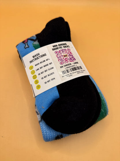 Funky Sock Co Bin Chicken non-binding diabetic socks size and fabric label