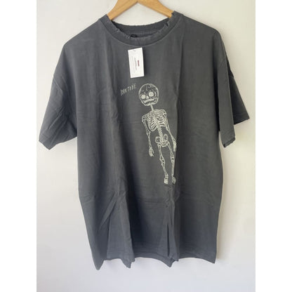 Charcoal-colored t-shirt with a distressed collar and a white skeleton graphic.