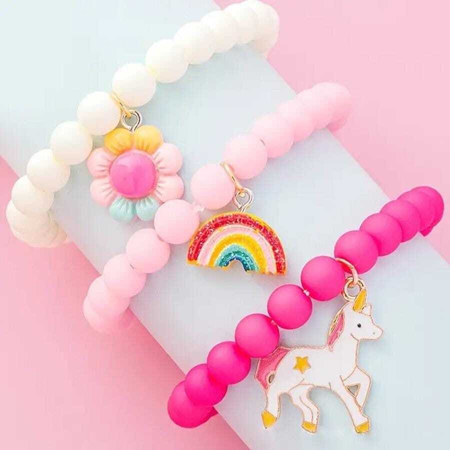 3-piece unicorn rainbow flower beaded bracelet set for girls - bracelets bracelet - jewelry fashion accessories