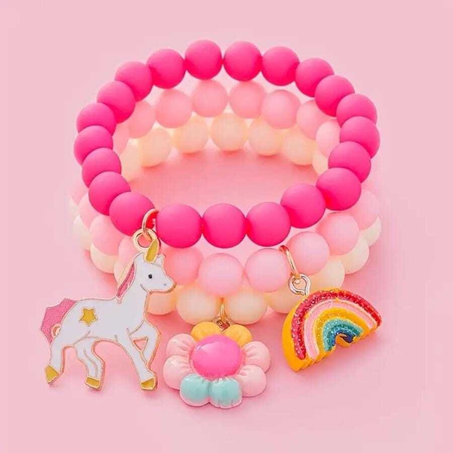 3-piece unicorn rainbow flower beaded bracelet set for girls - bracelets bracelet - jewelry fashion accessories
