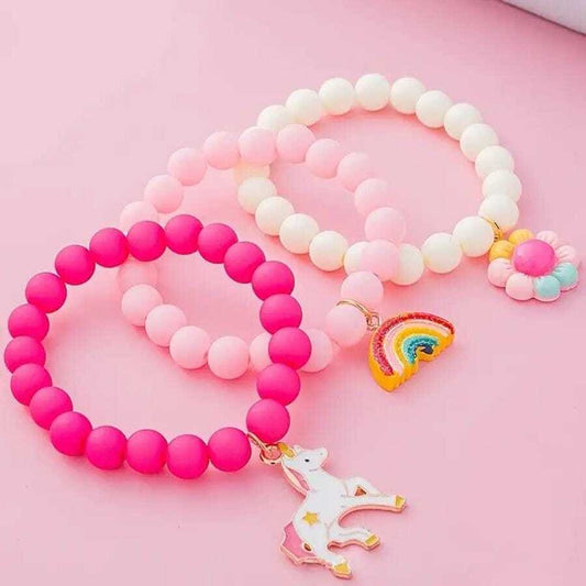 3-piece unicorn rainbow flower beaded bracelet set for girls - bracelets bracelet - jewelry fashion accessories