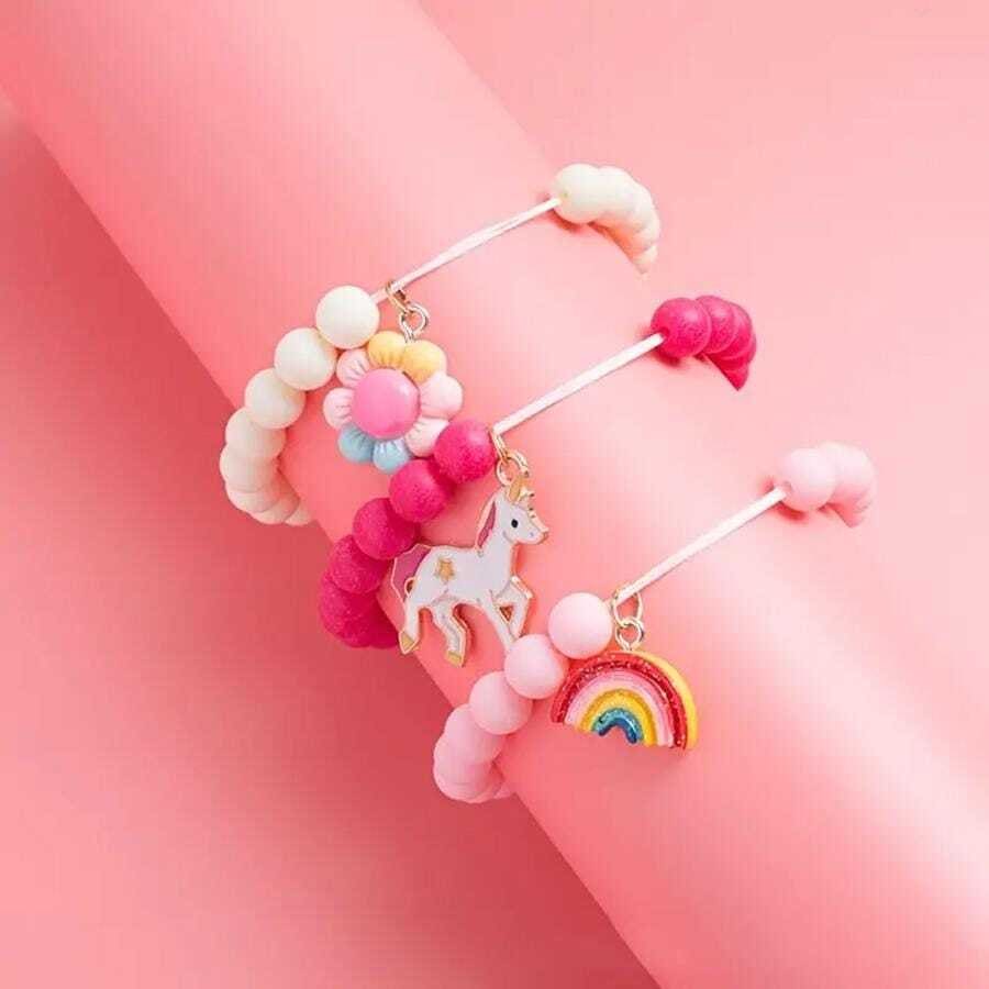 3-piece unicorn rainbow flower beaded bracelet set for girls - bracelets bracelet - jewelry fashion accessories