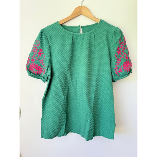 Shein size xl green textured top with pink floral embroidery - clothing tops top women’s apparel