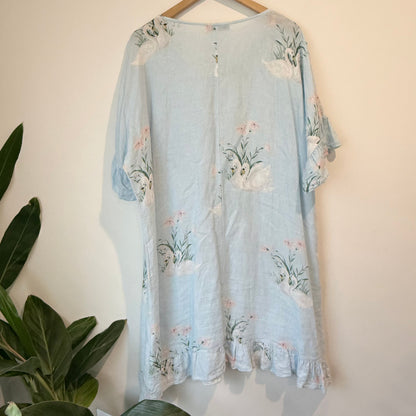Helga may light blue linen dress with swan print (one size) - tunics condition: used - top women’s apparel