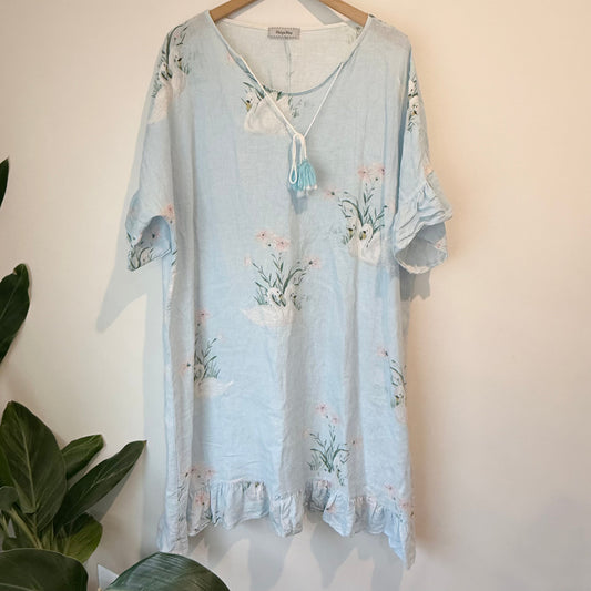 Helga may light blue linen dress with swan print (one size) - tunics condition: used - top women’s apparel