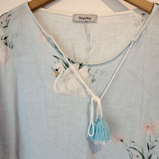 Helga may light blue linen dress with swan print (one size) - tunics condition: used - top women’s apparel