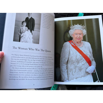 An open book featuring images and text about Queen Elizabeth II.