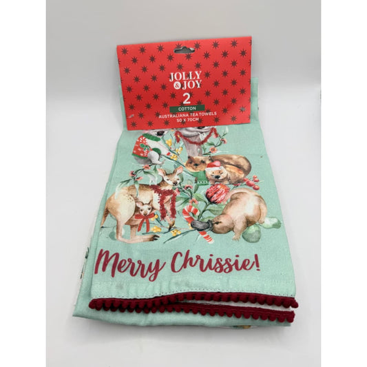 Set of 2 jolly & joy cotton australiana christmas tea towels - kitchen towels home&living materials