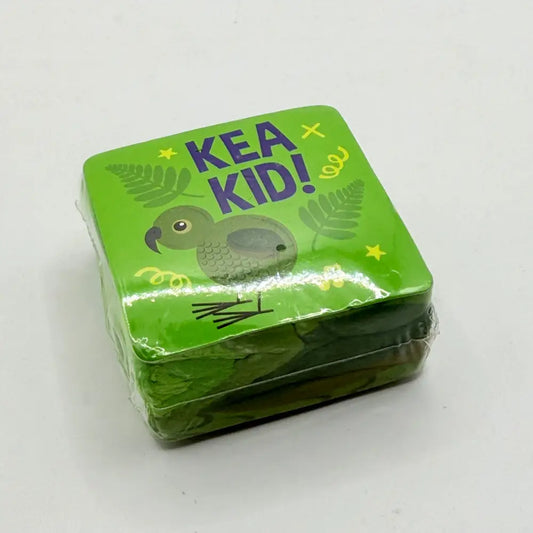 A rectangular green box with a cartoon parrot design.