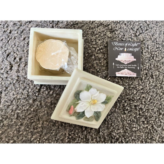Vintage ibis & orchid `boxes of light’ magnolia tea light candle with decorative box holder - candle holders