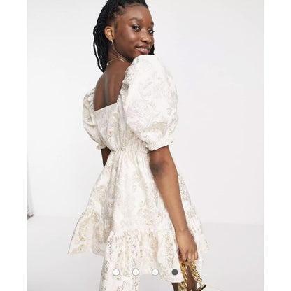 Miss selfridge size 6 jacquard puff sleeve smock dress in gold - dresses clothing & fashion - dresses - short sleeve