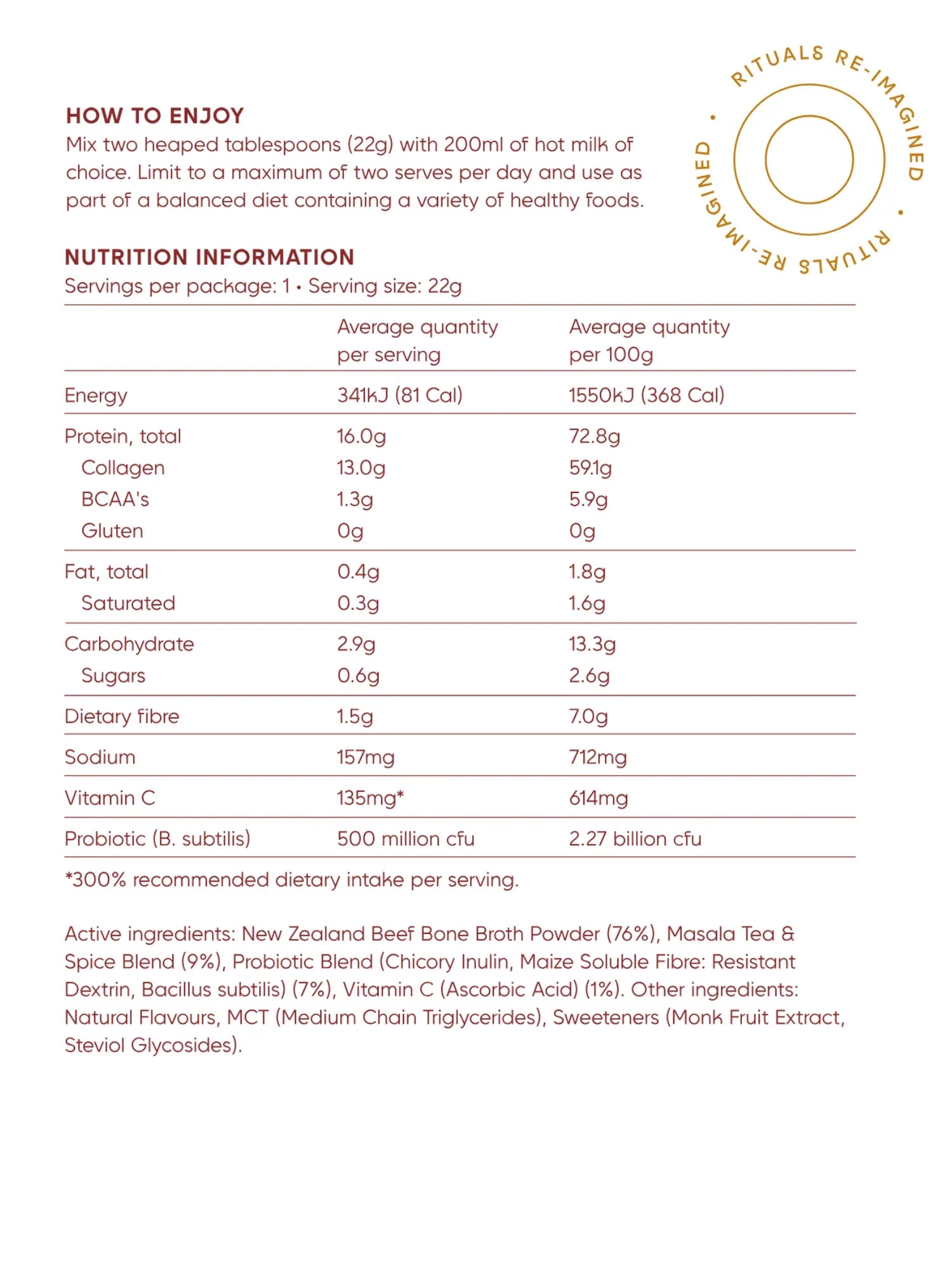 Mother’s beauty broth vanilla chai haven – single serve - powdered beverage mixes health and wellness