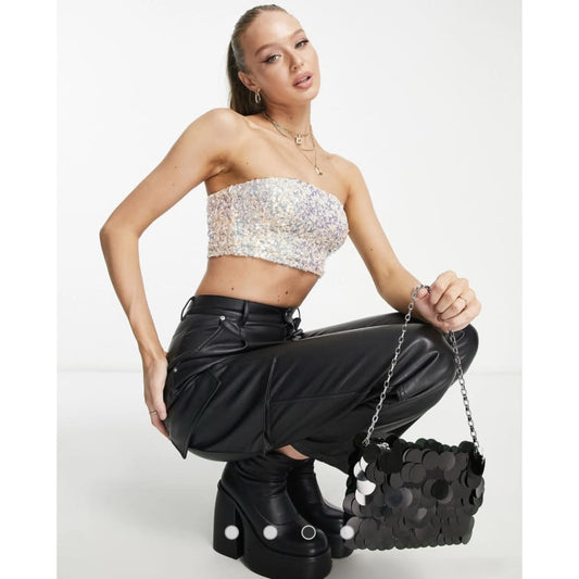 Miss selfridge size 12 festival mermaid sequin bandeau top in pink - clothing tops clothing & fashion - top women’s