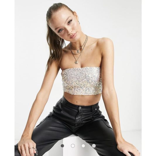 Miss selfridge size 12 festival mermaid sequin bandeau top in pink - clothing tops clothing & fashion - top women’s