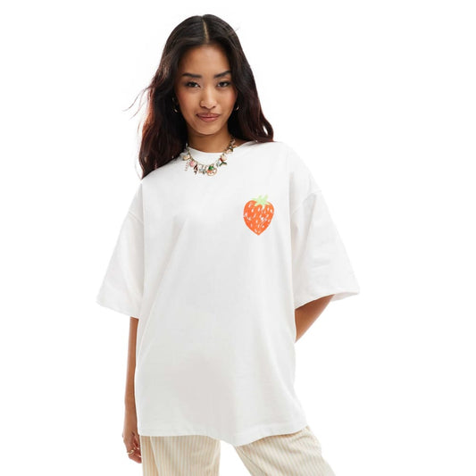 Asos design size l oversized t-shirt with strawberry flower back print in white - t-shirts top women’s apparel