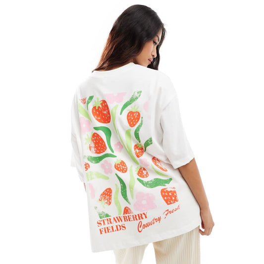 Asos design size l oversized t-shirt with strawberry flower back print in white - t-shirts top women’s apparel