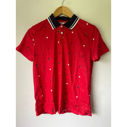 Shein size 13-14y red polo shirt with triangular print and contrast collar - clothing tops baby clothing - clothing &