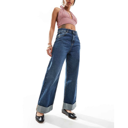 Asos design size w34 l32 loose jeans with deep turn up cuff in mid blue - jeans bottom women’s apparel