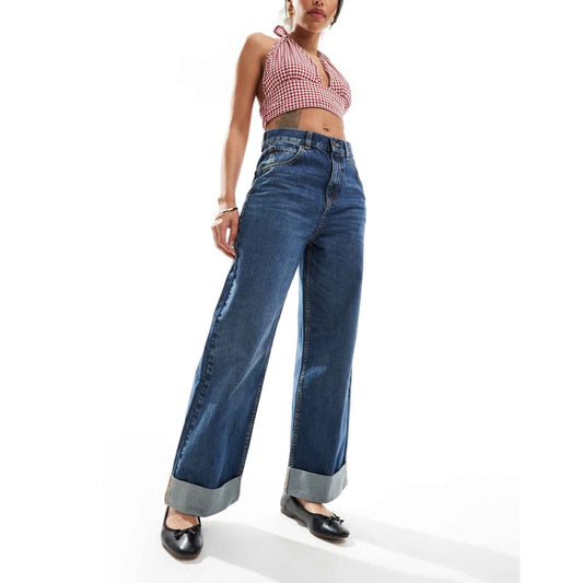 Asos design size w34 l32 loose jeans with deep turn up cuff in mid blue - jeans bottom women’s apparel