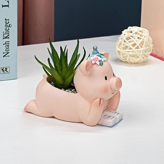 Reading piglet mini resin planter - planters home&living materials