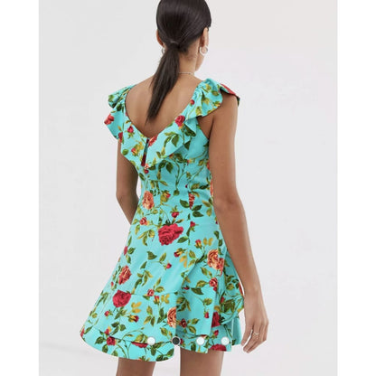 Bnwt size m signature 8 rose print ruffle mini dress - dresses clothing & fashion - dresses women’s apparel
