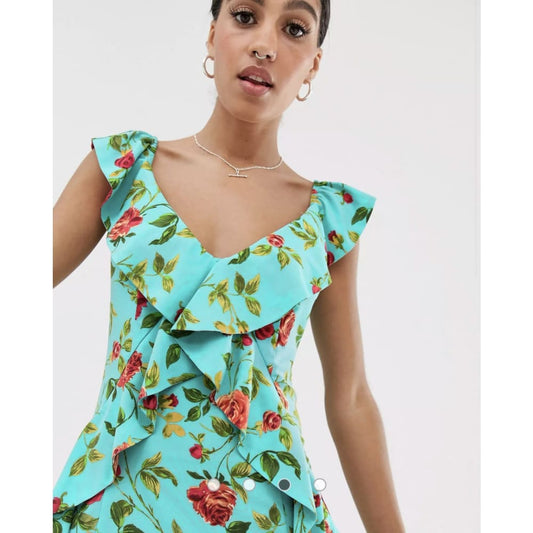 Bnwt size m signature 8 rose print ruffle mini dress - dresses clothing & fashion - dresses women’s apparel