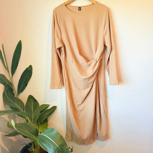 Shein curve 3xl beige textured ruched midi dress - dresses top women’s apparel