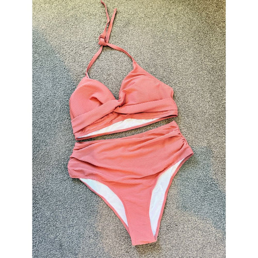 Shein size xl ribbed high-waist bikini set – rose pink & ready for the sun - classic bikinis bottom women’s apparel