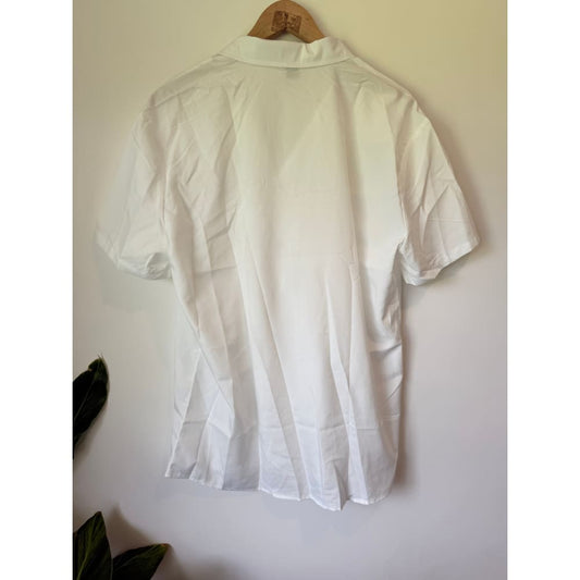 Shein size xl white short sleeve button-up shirt – crisp clean & ready for anything - pinback buttons top women’s