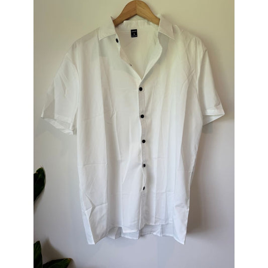 Shein size xl white short sleeve button-up shirt – crisp clean & ready for anything - pinback buttons top women’s