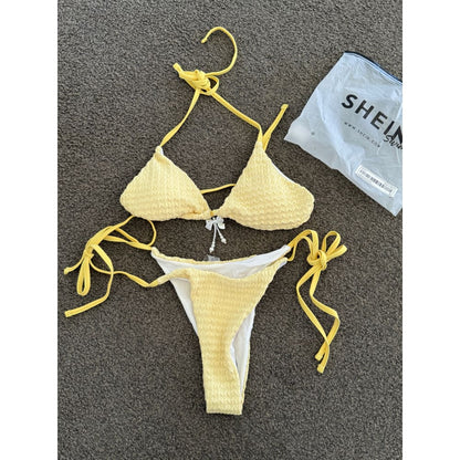 Shein swim size s yellow textured tie bikini set – brighten up your beach days - classic bikinis special categories