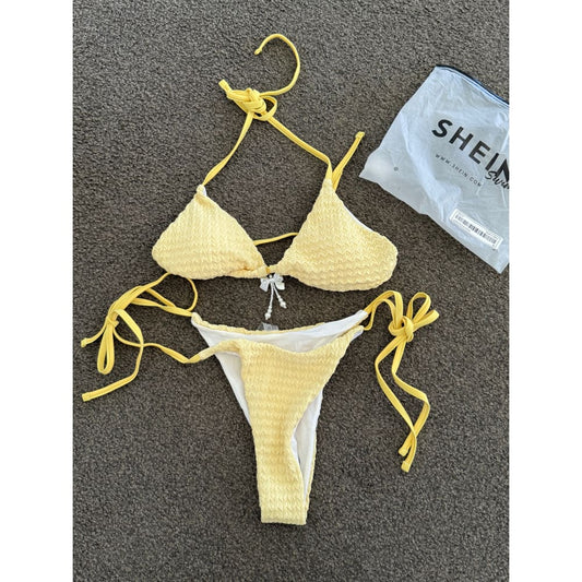 Shein swim size s yellow textured tie bikini set – brighten up your beach days - classic bikinis special categories