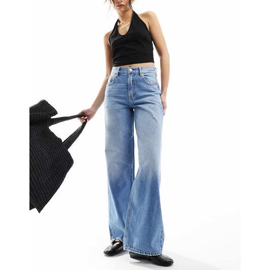 Stradivarius size 14 fluid wide leg jeans in medium blue wash - mid blue - jeans bottom women’s apparel