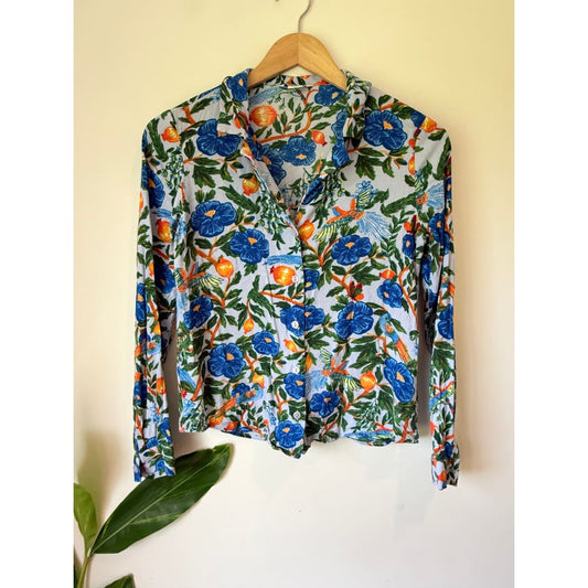 Monkl size xs floral print button-up long sleeve shirt - pinback buttons condition: used - top women’s apparel