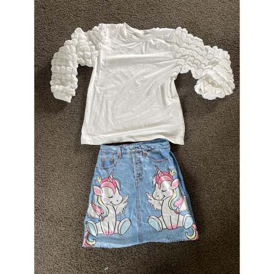 Shein 7y unicorn denim skirt & puff sleeve top set for kids - outfit sets baby clothing - clothing & fashion - kids