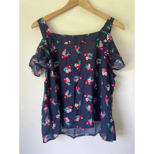 Timeless by vanessa tong size 12 cold shoulder parrot print top – tropical vibes & lightweight style - blouses