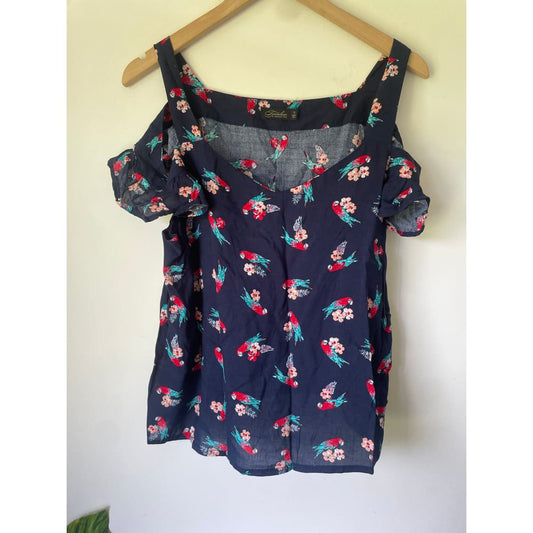 Timeless by vanessa tong size 12 cold shoulder parrot print top – tropical vibes & lightweight style - blouses