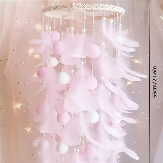 Whimsy pink wood hanging ornament | fairy tale style with feathers | brand new - wind chimes home&living materials