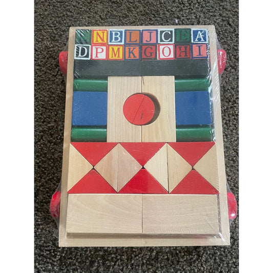 Wooden pull along cart with educational wooden blocks | abc & shape learning – brand new - wooden blocks educational