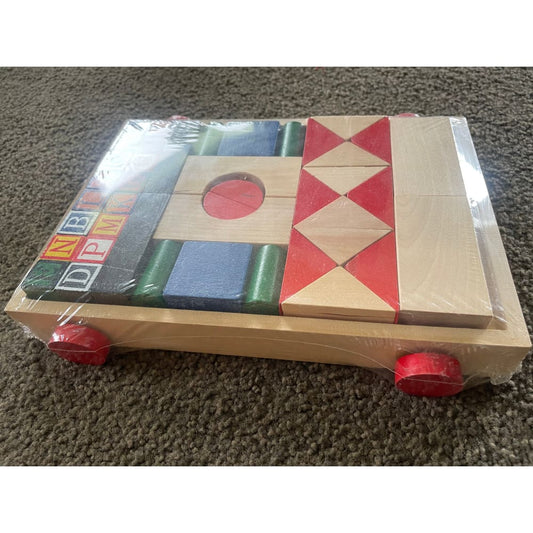 Wooden pull along cart with educational wooden blocks | abc & shape learning – brand new - wooden blocks educational