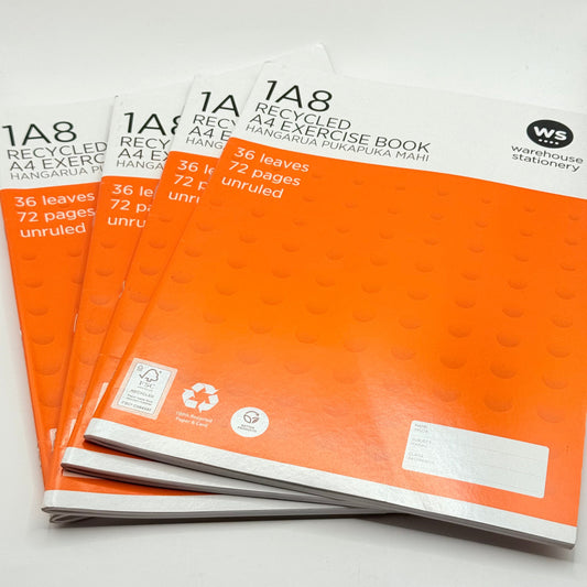 A stack of unruled, orange A4 recycled exercise books with 36 leaves/72 pages.