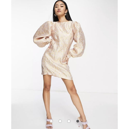 Pieces xs volume sleeve jacquard mini dress in pink - dresses clothing & fashion - condition: used - dresses - long