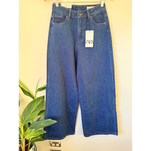 Zara high rise wide leg jeans – size 34 | dark blue denim cropped fit - jeans bottoms men’s apparel